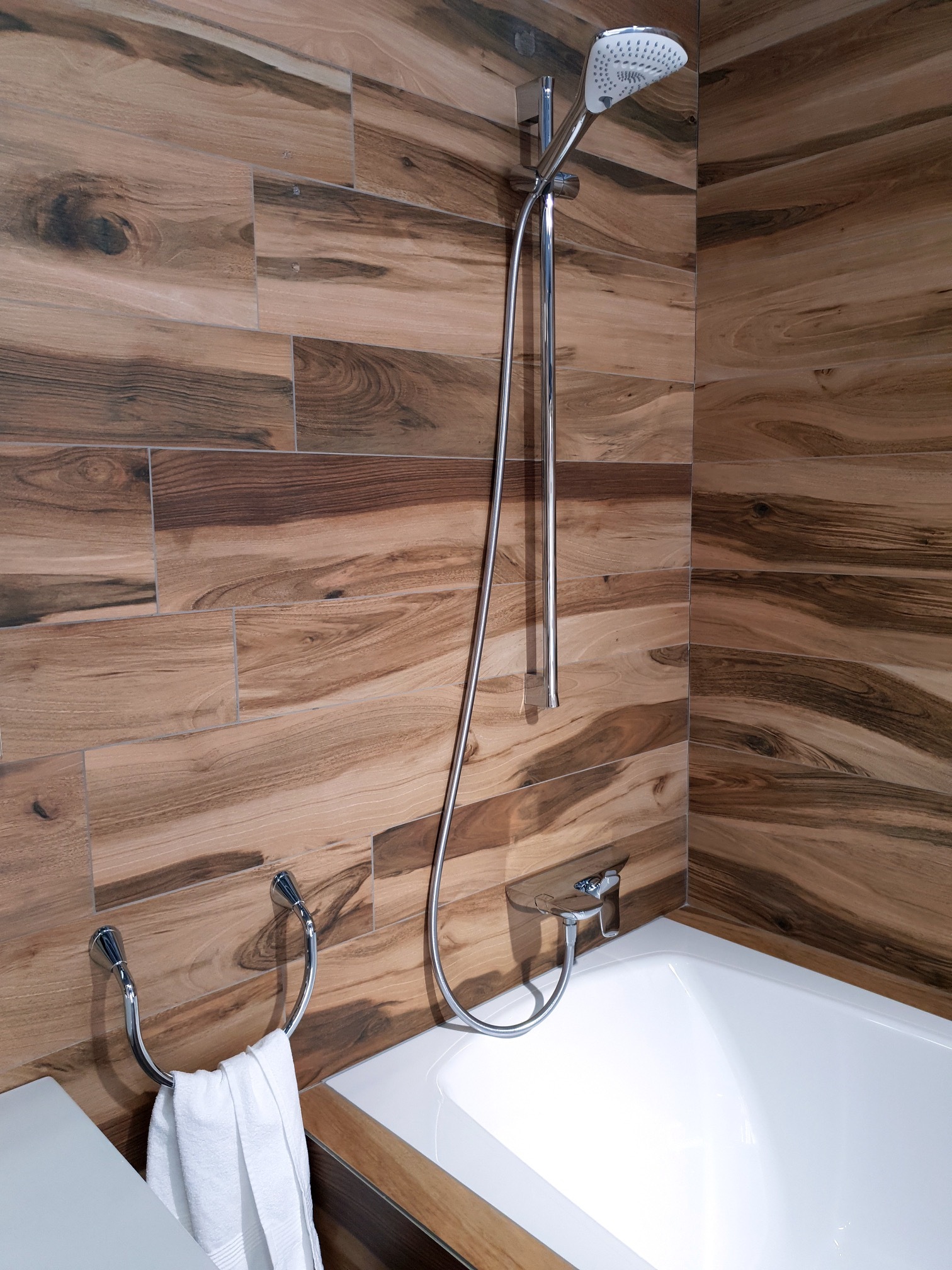 Shower with wood plank walls